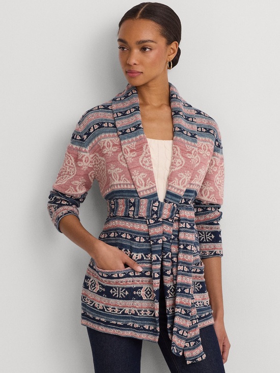 Lauren Ralph Lauren Sweaters - Lauren Ralph Lauren Geo-Motif Belted Linen-Cotton Cardigan Knit Cozy Large
